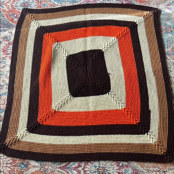 Vintage MCM Handmade Knitted Square Blanket - Brown, Orange, Cream - Picture 1 of 3